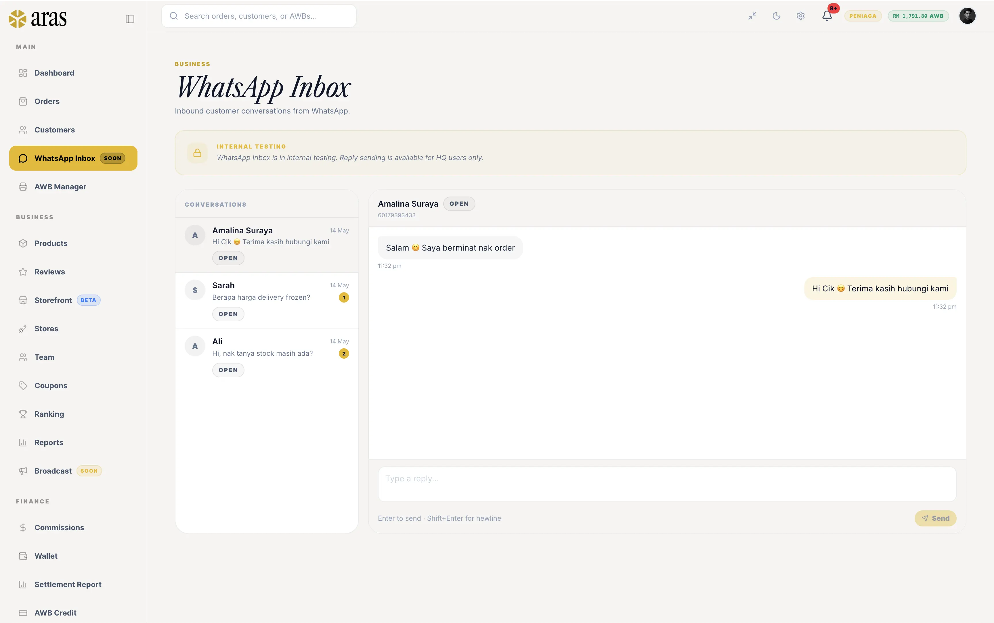 WhatsApp Inbox — Urus Perbualan Pelanggan Terus dari Dashboard